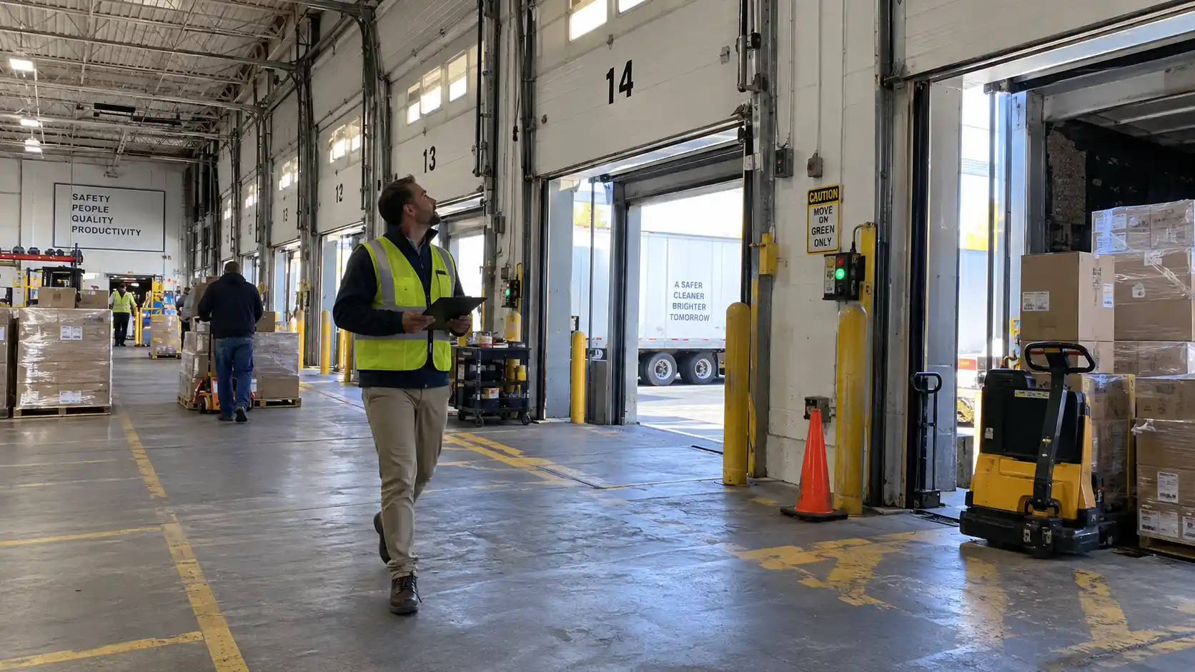 Systems engineer holding a layout clipboard while surveying dock door read zones in a distribution center.
