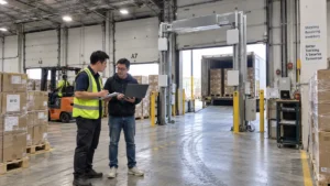 Systems engineer and software developer discussing an RFID portal setup inside a distribution warehouse.