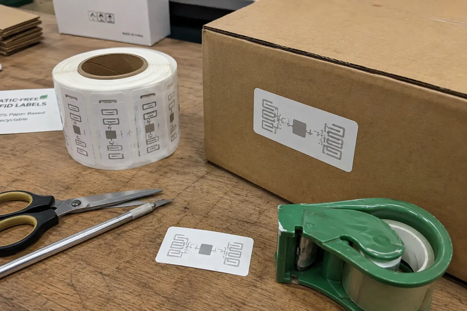 An eco-friendly paper-based RFID tag on a cardboard box