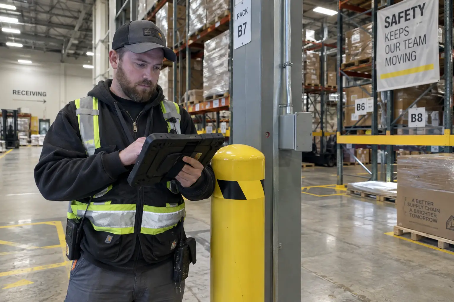 Technician troubleshooting an RFID reader in a warehouse