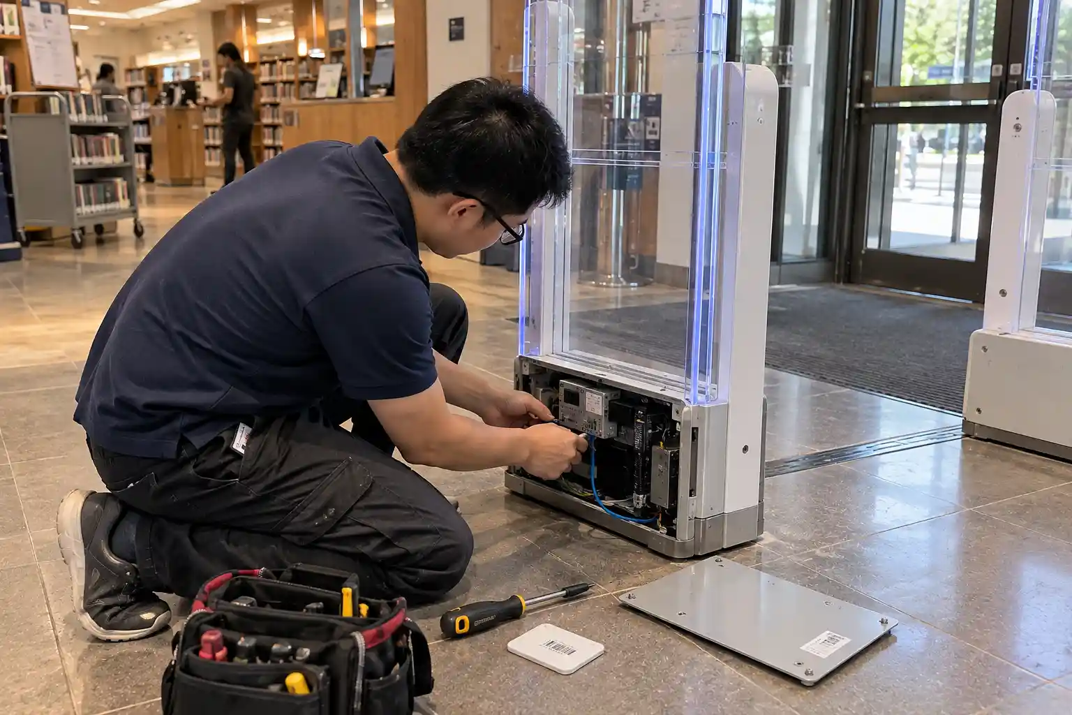 An engineer installing an RFID reader system