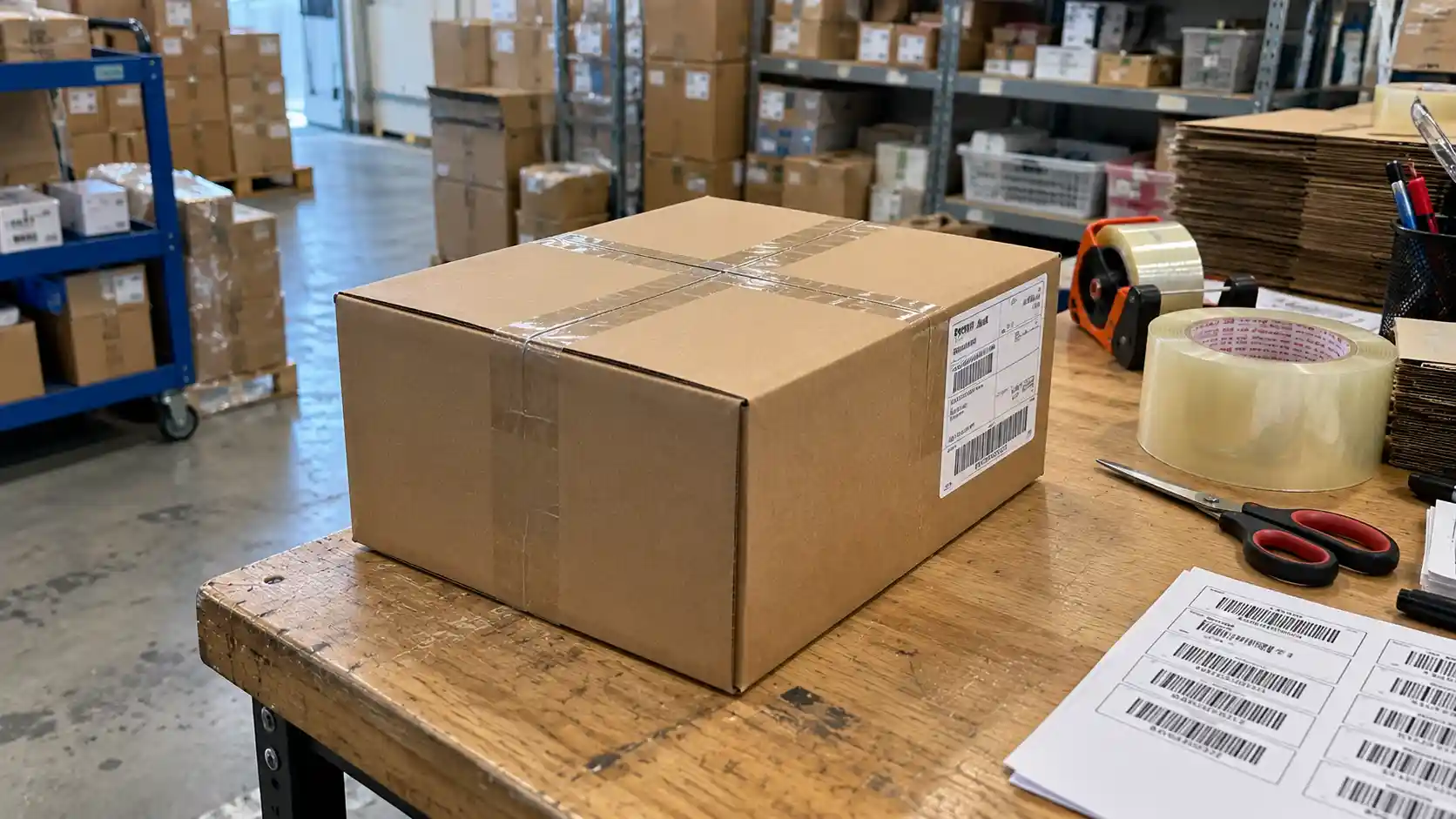 Everyday warehouse packaging workbench with a sealed cardboard box, packing tape, and white shipping label.