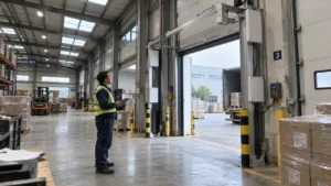 Maintenance technician holding an inspection clipboard while checking an overhead RFID portal gate in a warehouse.