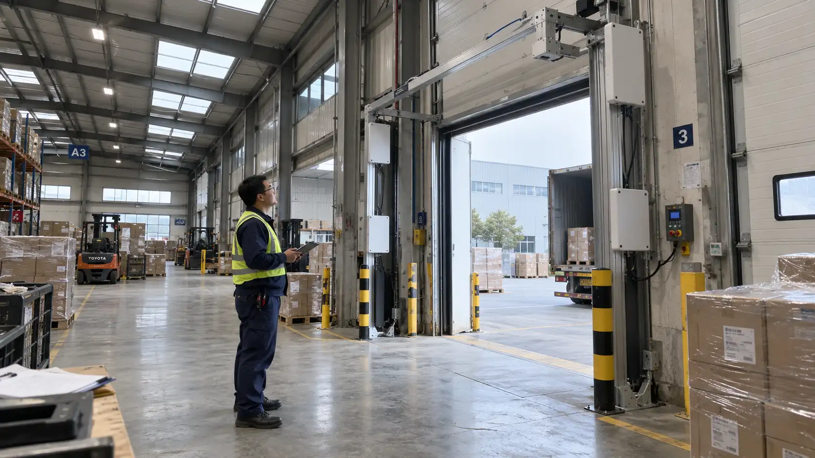 Maintenance technician holding an inspection clipboard while checking an overhead RFID portal gate in a warehouse.