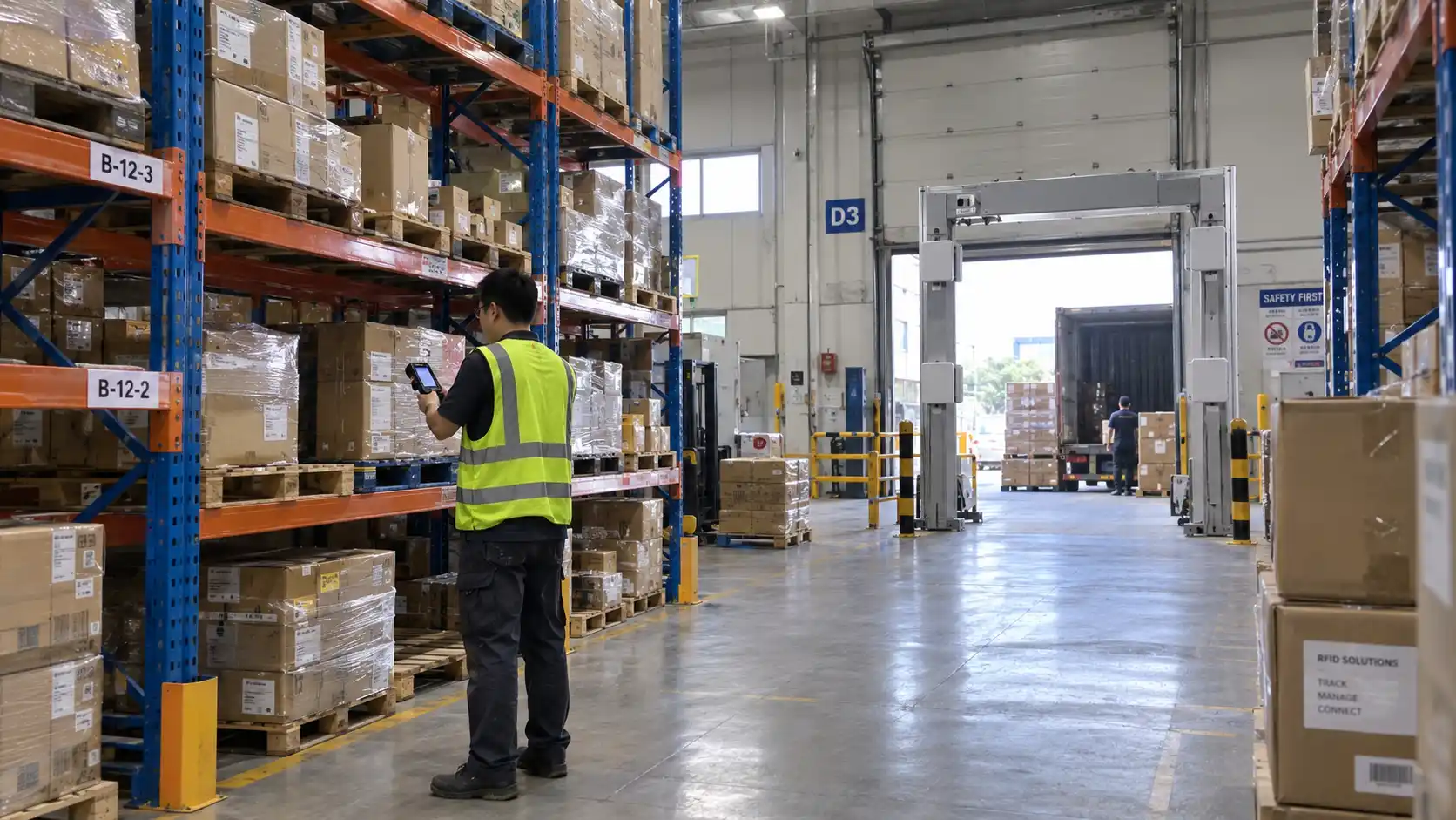 Logistics warehouse showing an operator with a handheld terminal in an aisle and a fixed RFID portal gate at the dock.