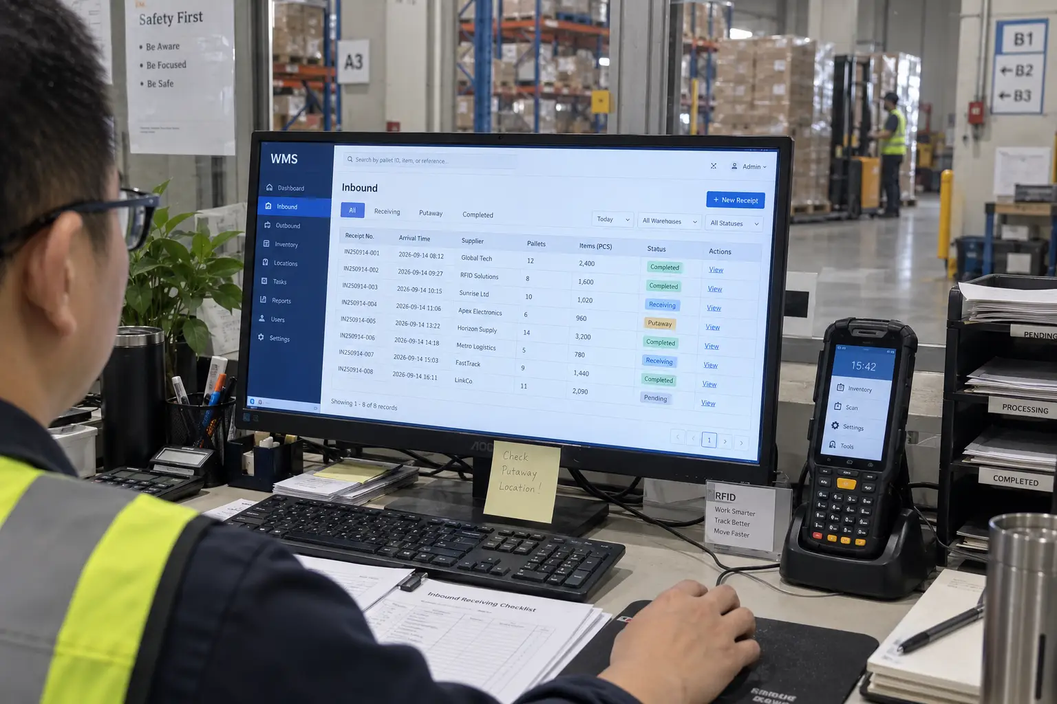 Warehouse WMS dashboard reconciling fixed and handheld RFID inventory data