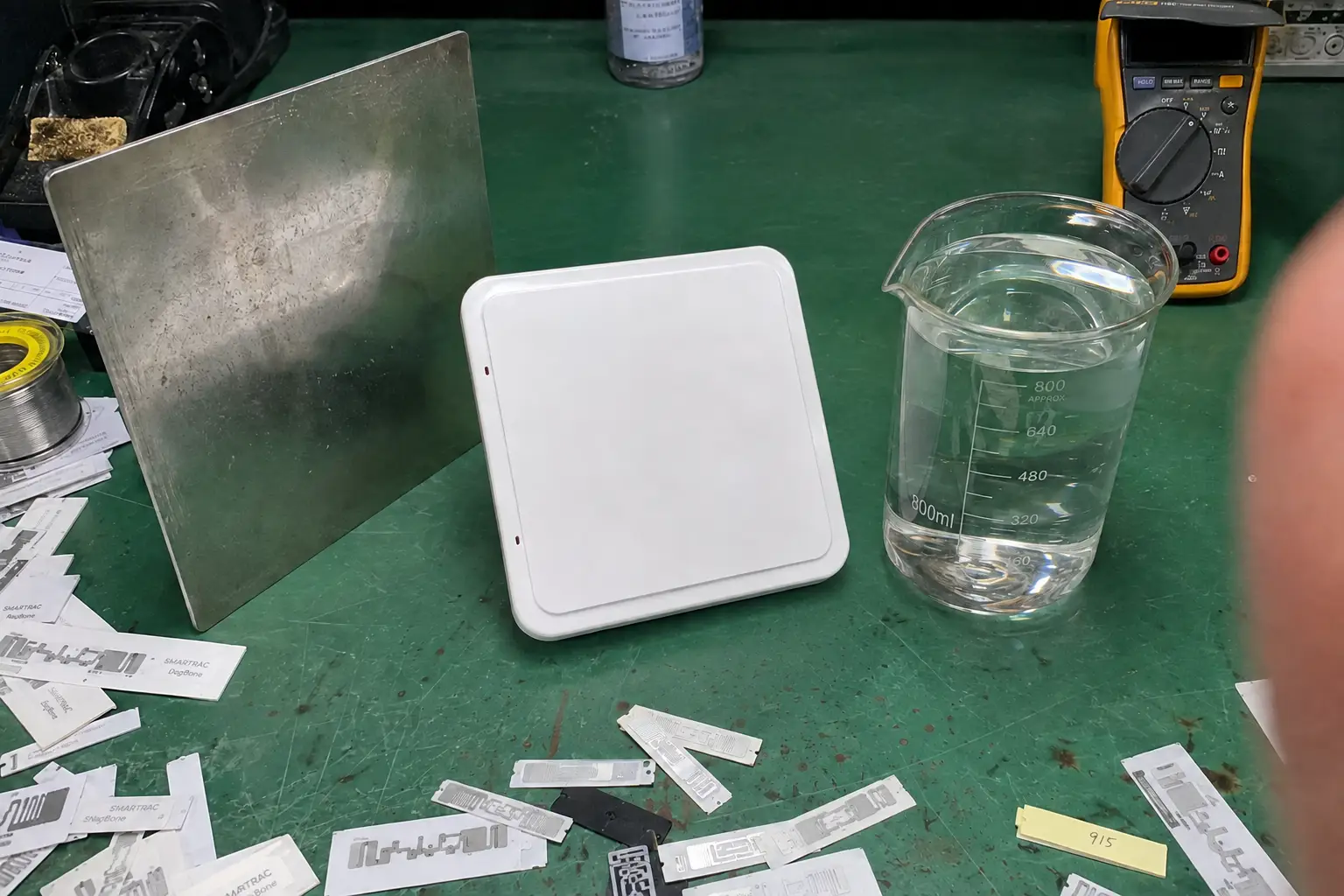 Fongwah RFID reader testing signal blockage near steel plates and liquid containers on a hardware bench.