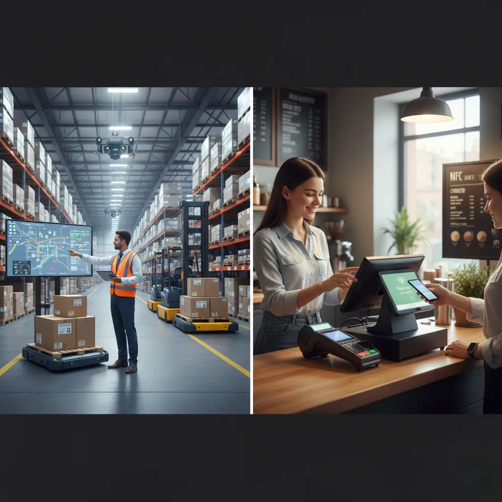 Warehouse worker using RFID and customer using NFC payment