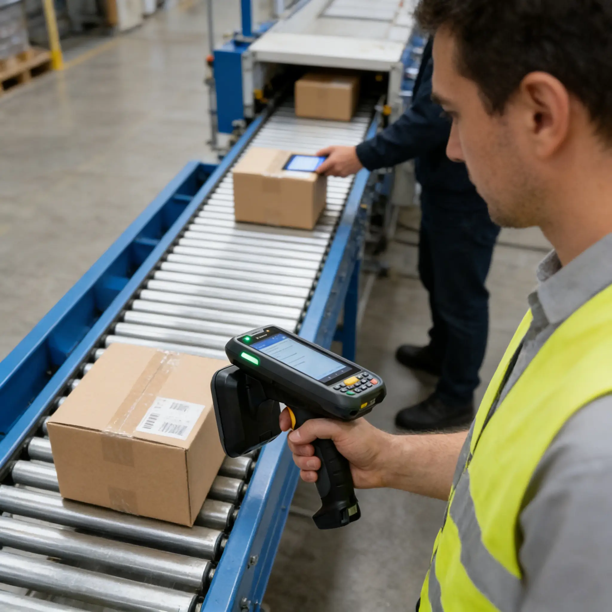 Worker utilizing handheld RFID reader in warehouse