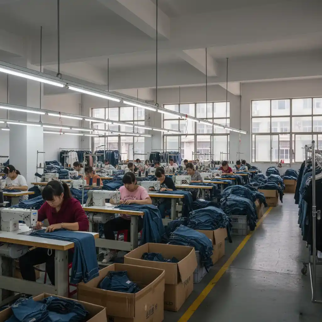Worker using RFID at sewing station