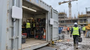 Overview of a construction site tool crib container with an outdoor RFID portal antenna detecting tools.