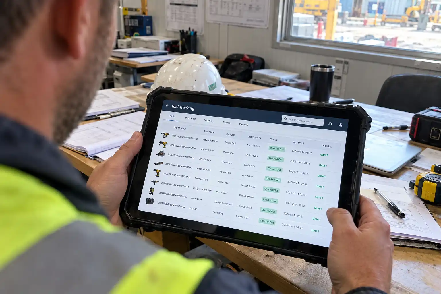 RFID software dashboard processing construction tool movement events