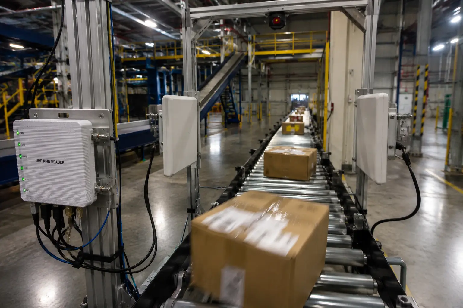 Fixed RFID reader on conveyor belt
