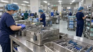 Hospital central sterile processing department with technicians verifying surgical instrument trays using RFID reading stations.