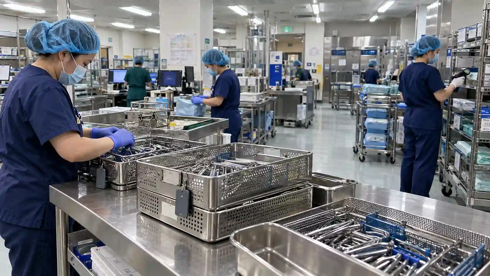 Hospital central sterile processing department with technicians verifying surgical instrument trays using RFID reading stations.