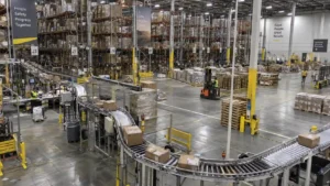 Overview of an industrial logistics warehouse with automated conveyor lines and high-bay pallet racking.