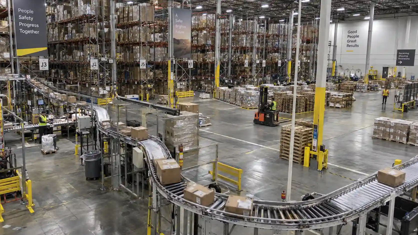 Overview of an industrial logistics warehouse with automated conveyor lines and high-bay pallet racking.