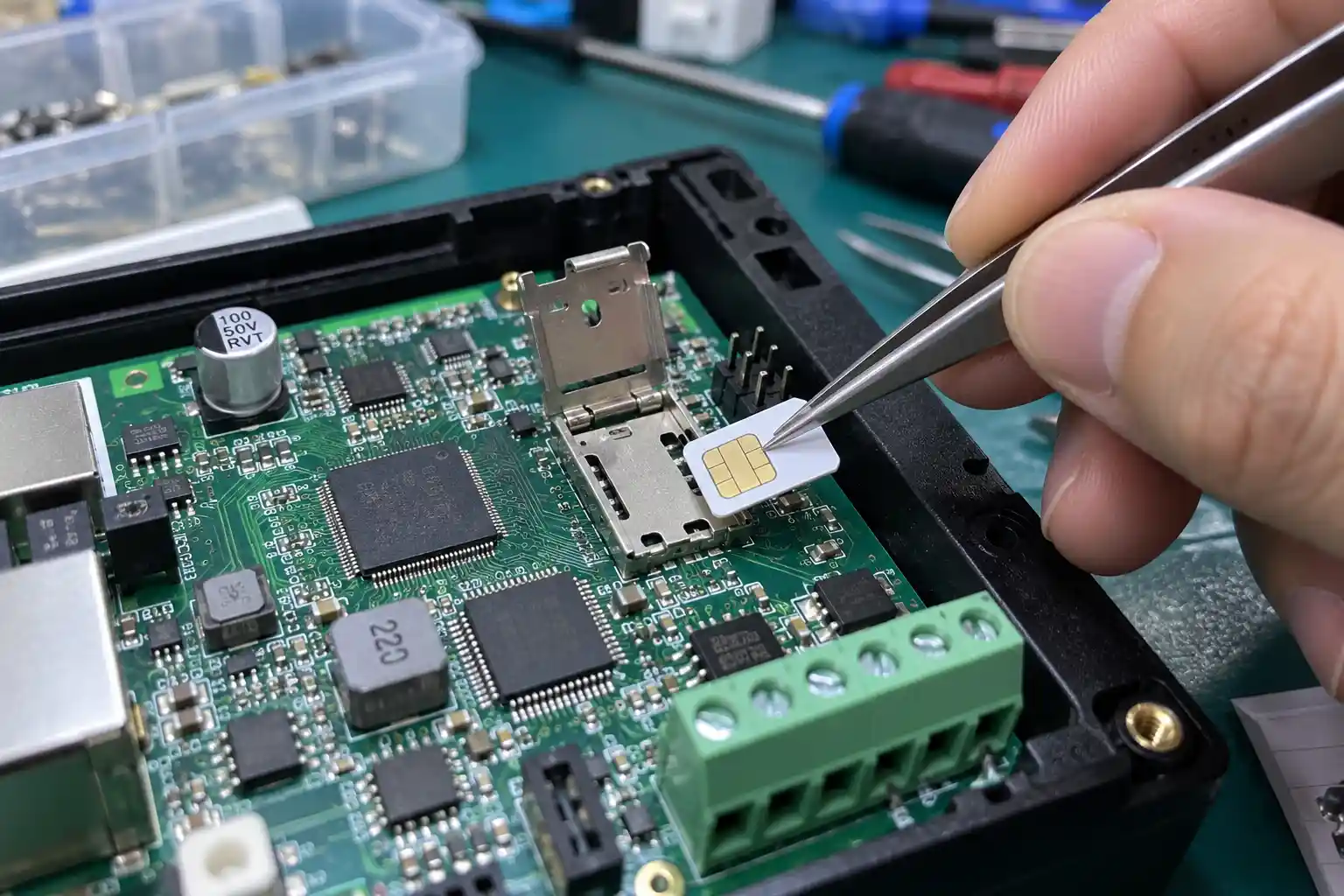 Technician inserting a SAM into an RFID reader board