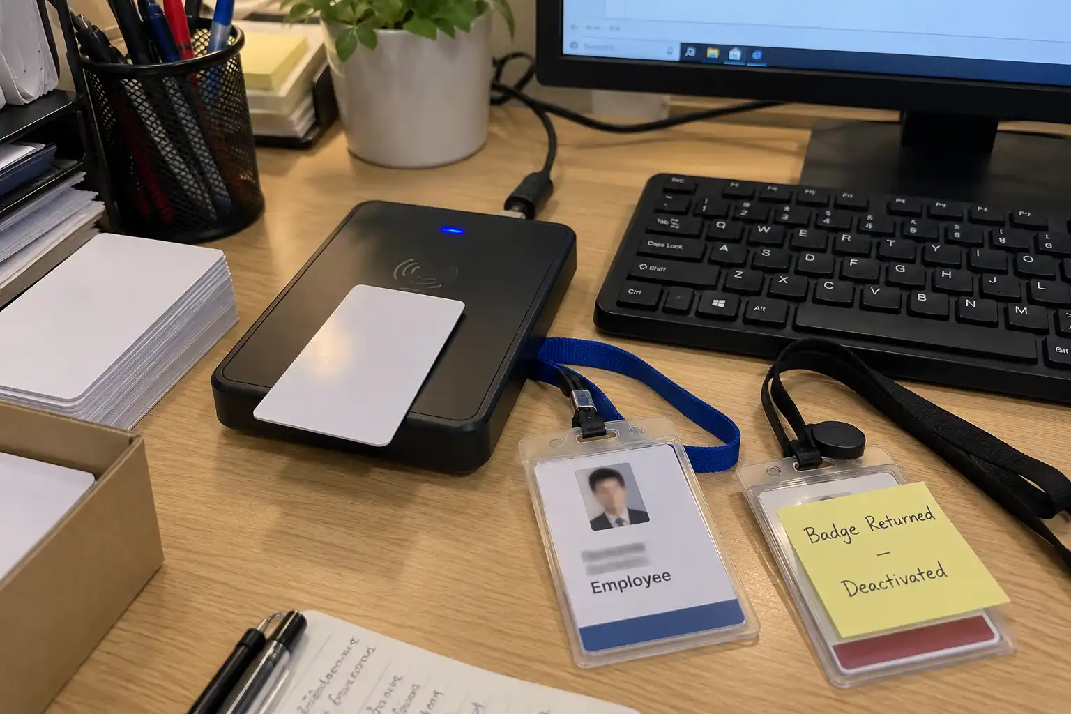 Desktop RFID credential station with returned and deactivated employee badges
