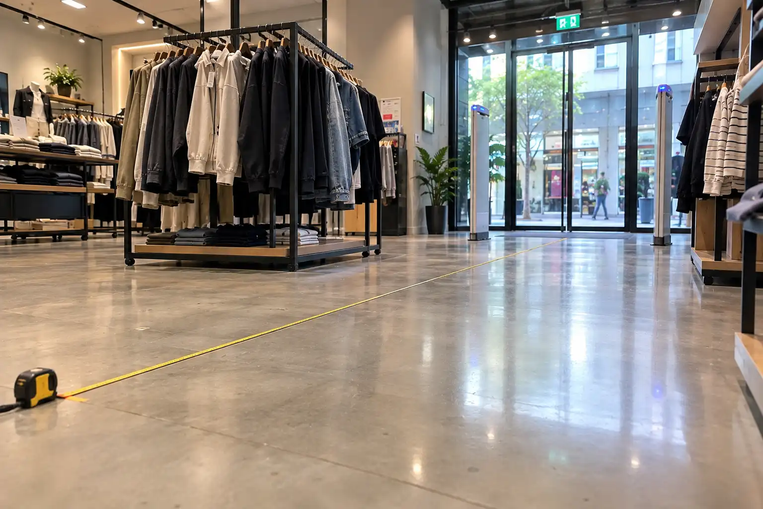 Retail store exit zone showing RFID read-zone planning near merchandise racks