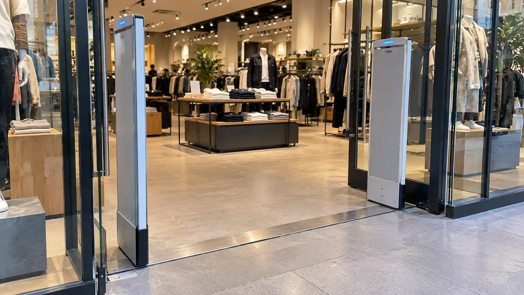 Storefront entrance of an apparel retailer featuring upright RFID loss-prevention pedestals near clothing displays.