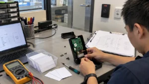Security technician's workbench with an opened access control reader, contactless smart cards, and testing tools.