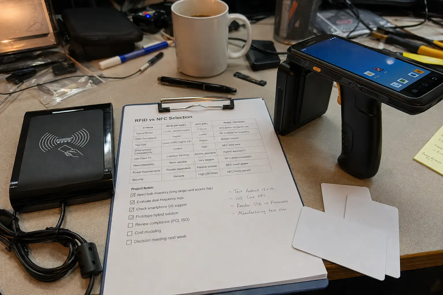 Manager reviewing an RFID vs NFC decision matrix