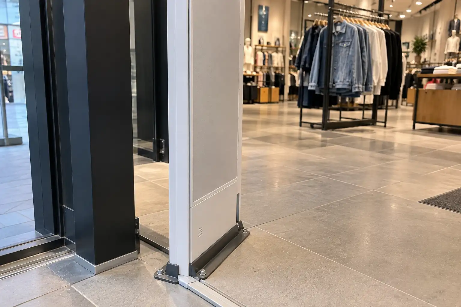 Retail RAIN RFID exit portal with reader antennas detecting tagged apparel