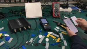 Comprehensive comparison setup of UHF RFID fixed readers and handheld terminals next to smartphone NFC devices on a test bench.