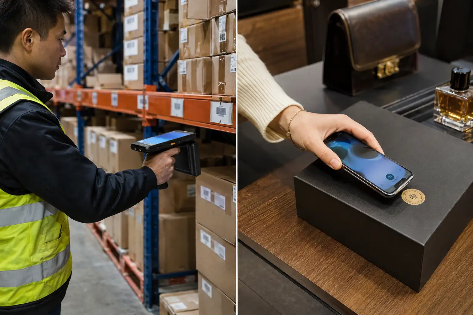 Warehouse worker using RFID and a customer using NFC payment