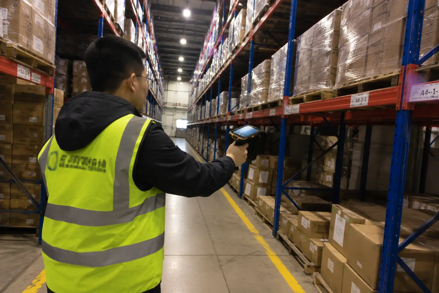 Worker utilizing handheld RFID reader in warehouse