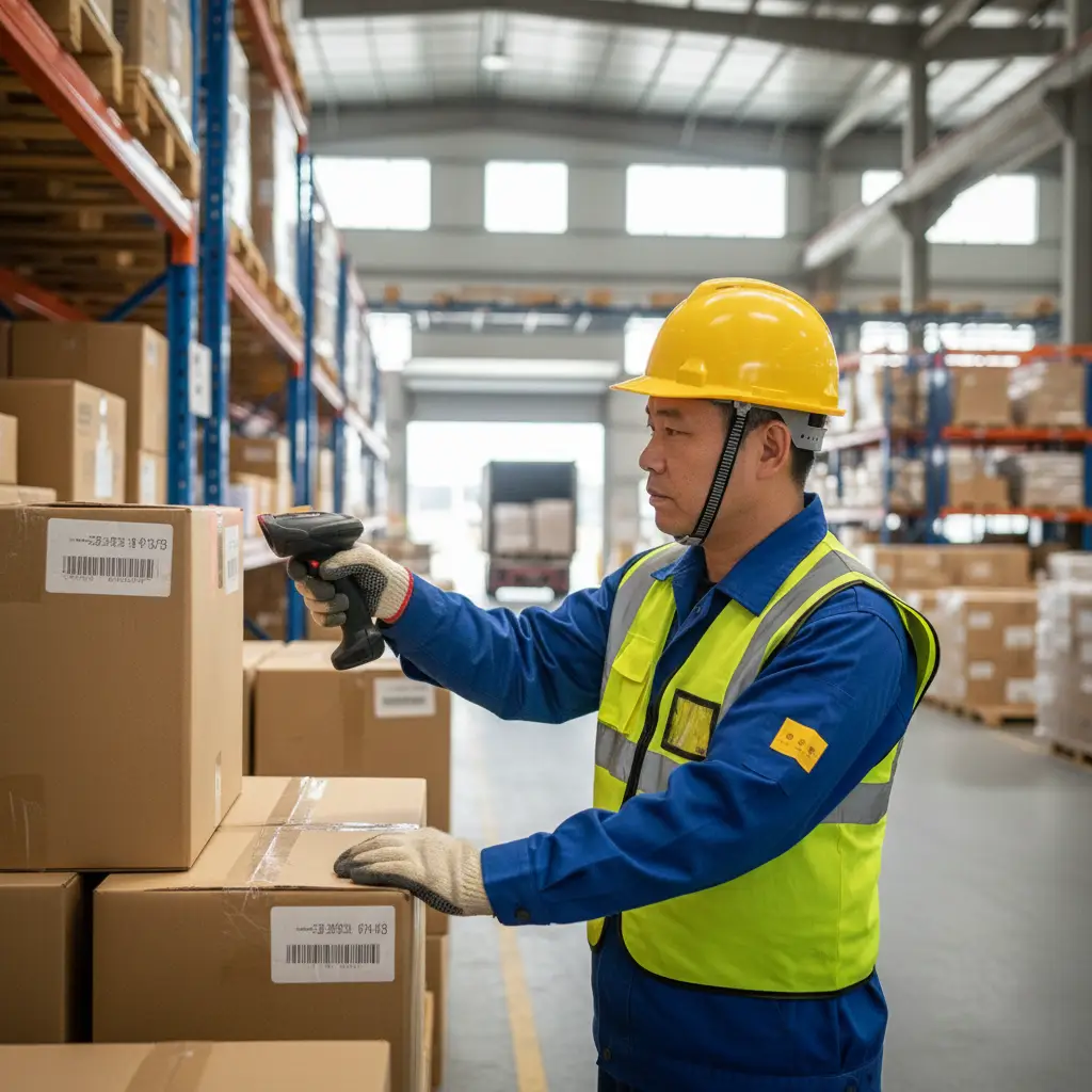 warehouse worker scanning boxes manually
