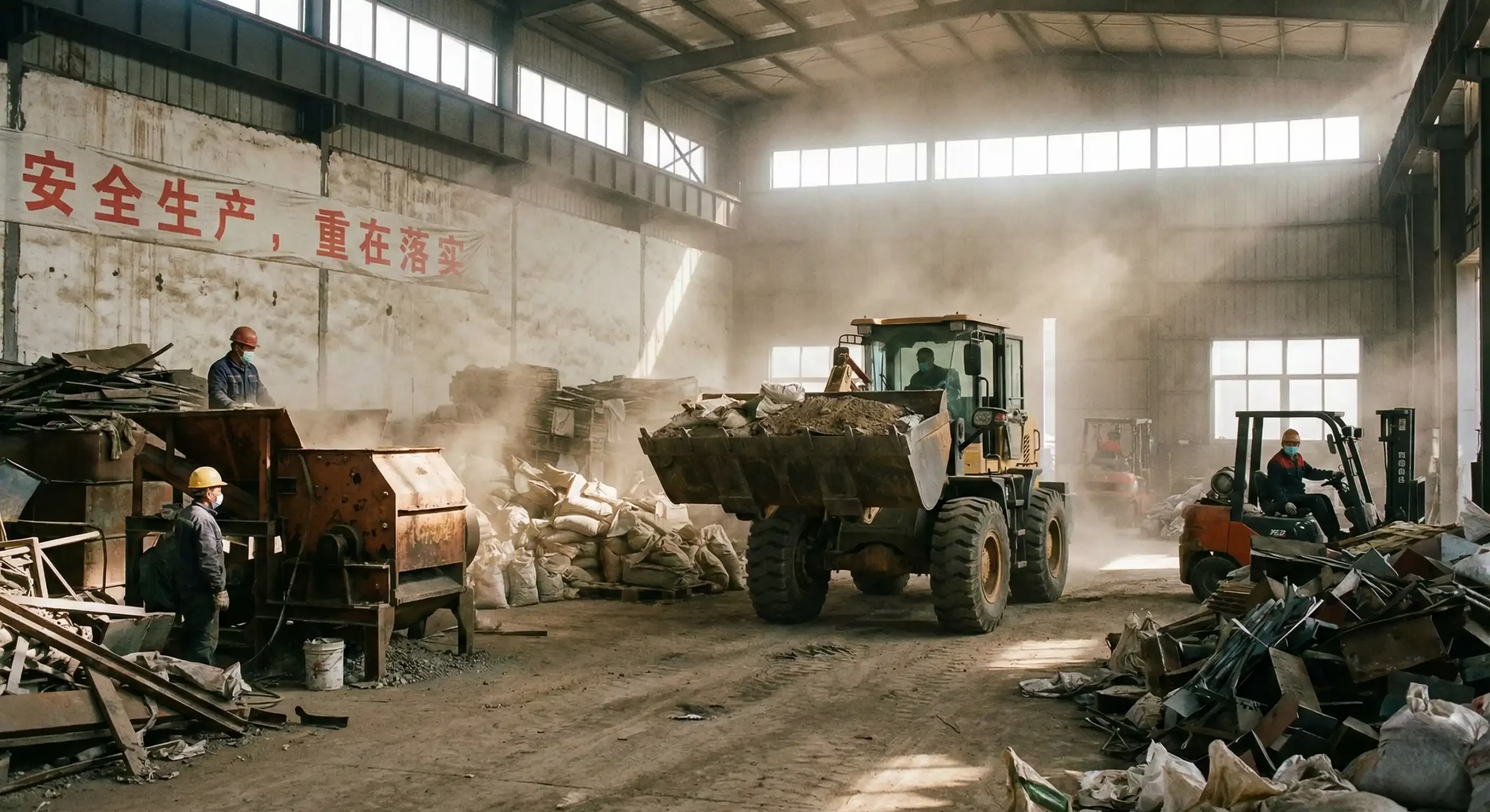 dusty industrial warehouse environment with heavy machinery
