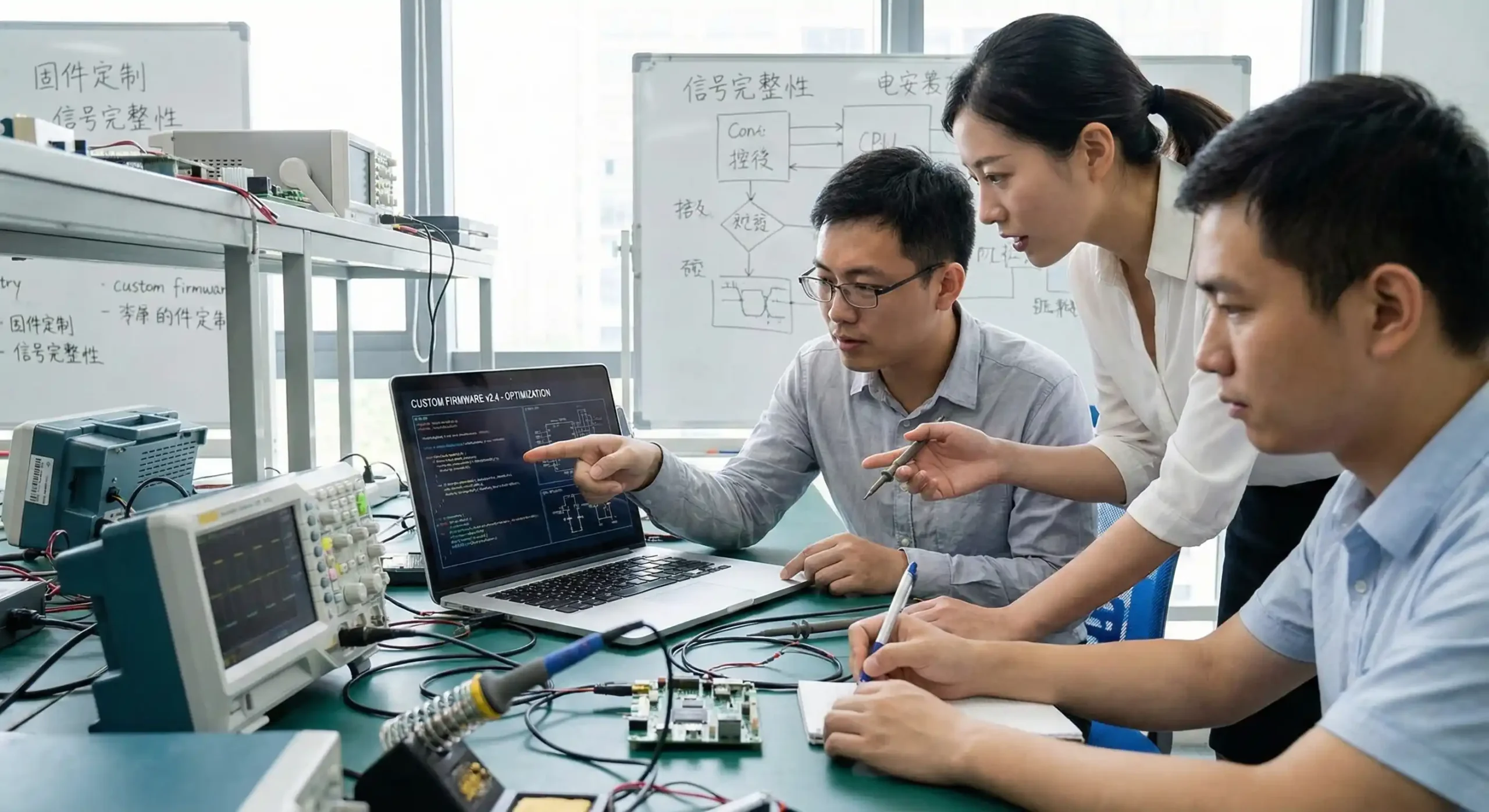 engineers discussing custom firmware on a laptop