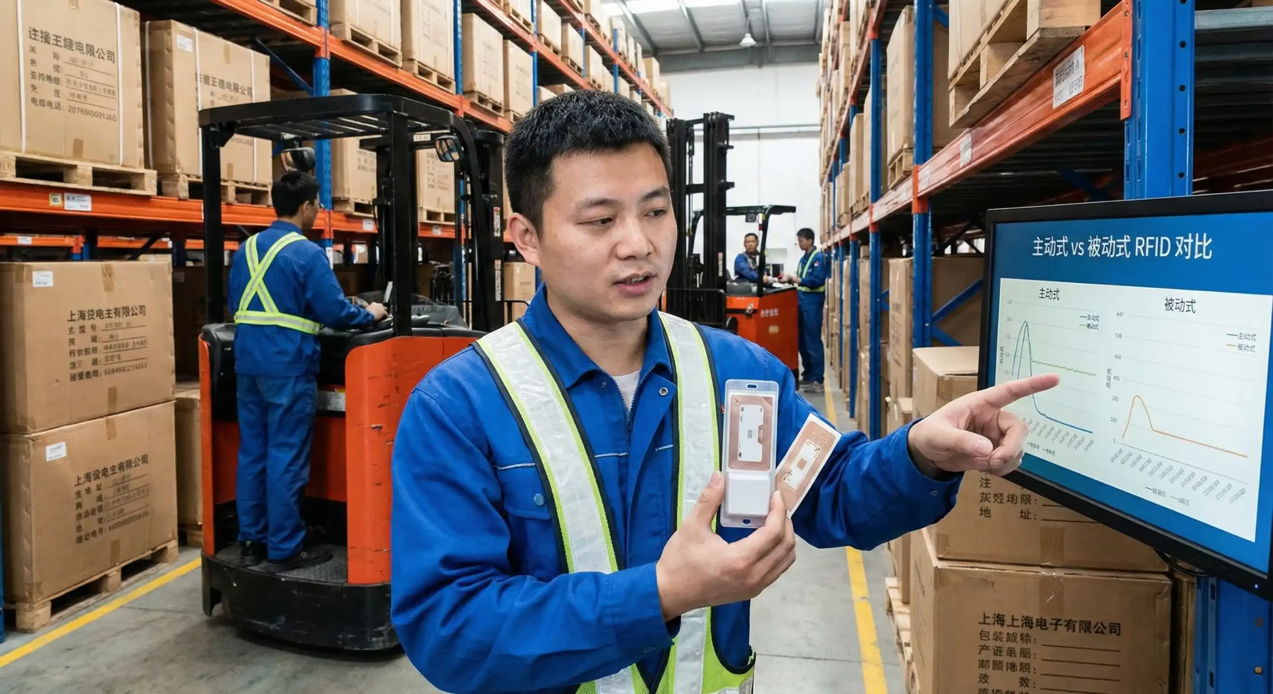 technician comparing active and passive RFID tags