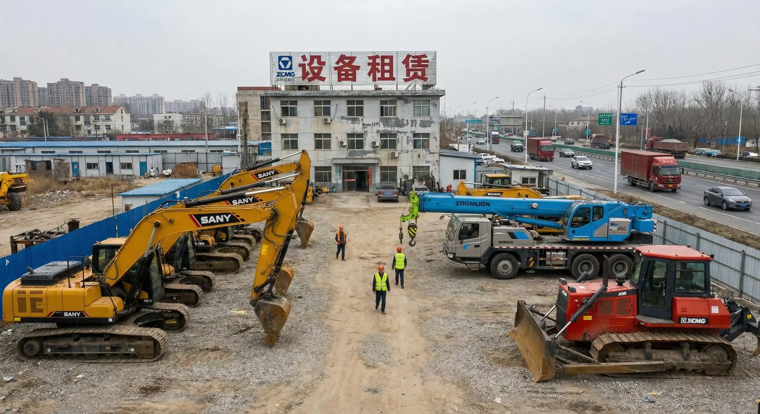 large construction equipment in a rental yard