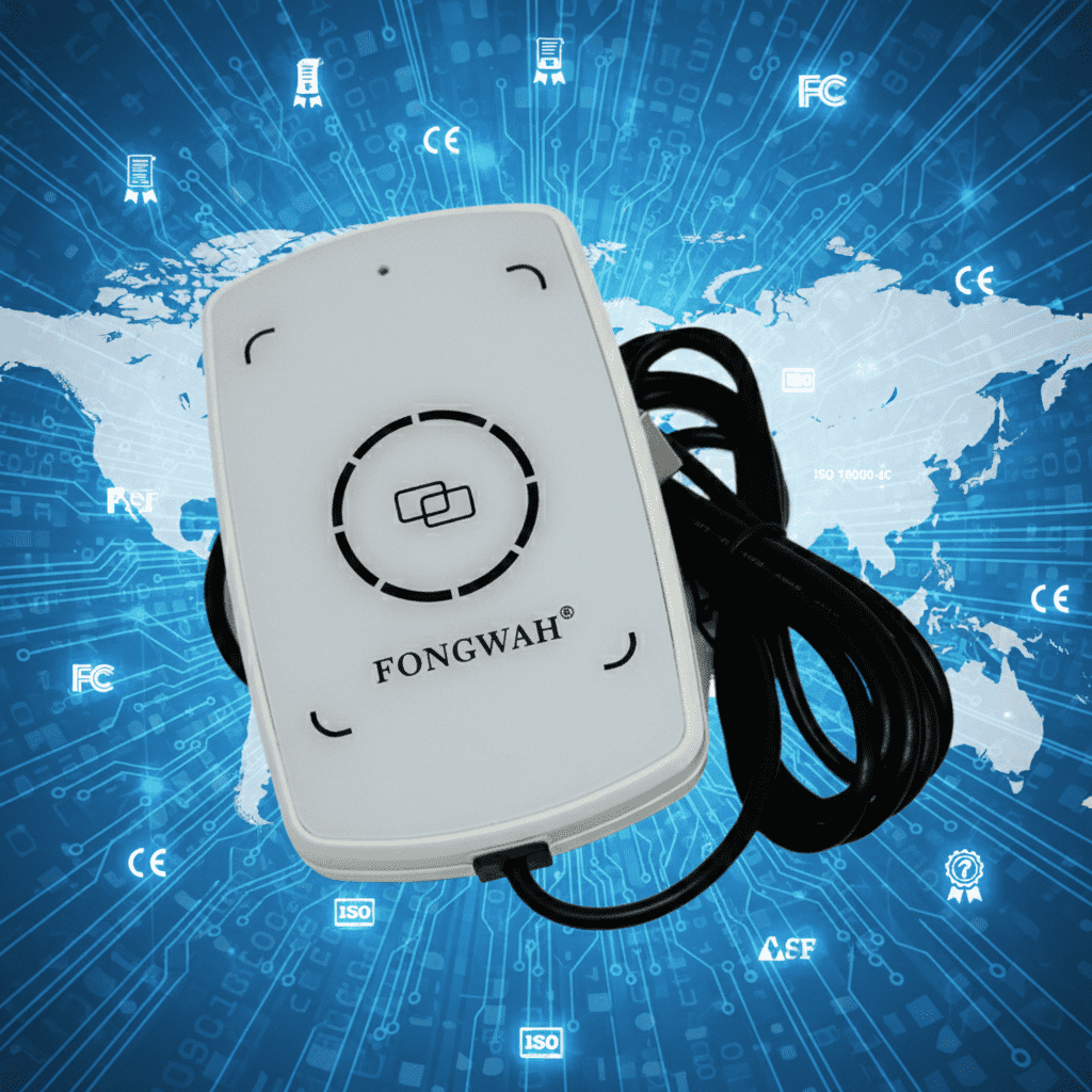 Fongwah industrial RFID access control reader compliant with ISO/IEC 14443 and FCC standards for B2B system integration.