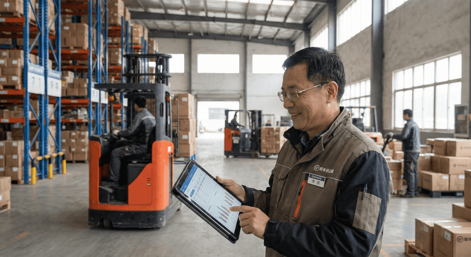 warehouse manager looking at tablet with green checkmarks