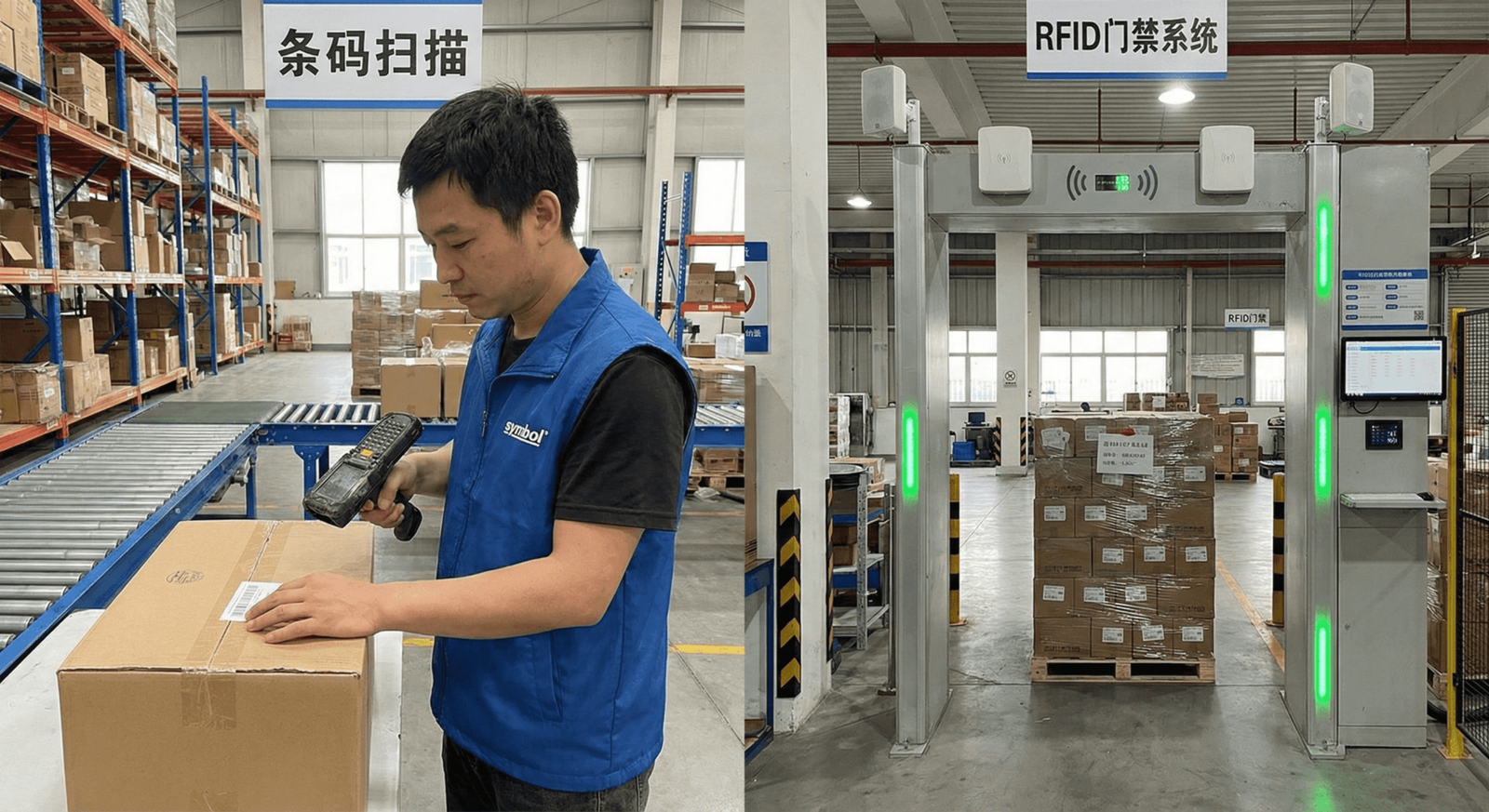 side by side comparison of barcode scanner gun versus rfid gate