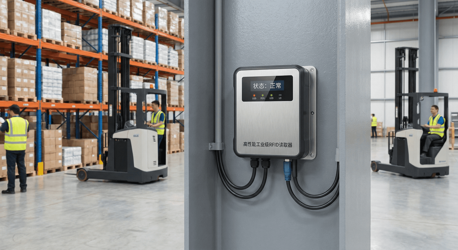 rugged industrial rfid reader mounted on a metal pole in warehouse