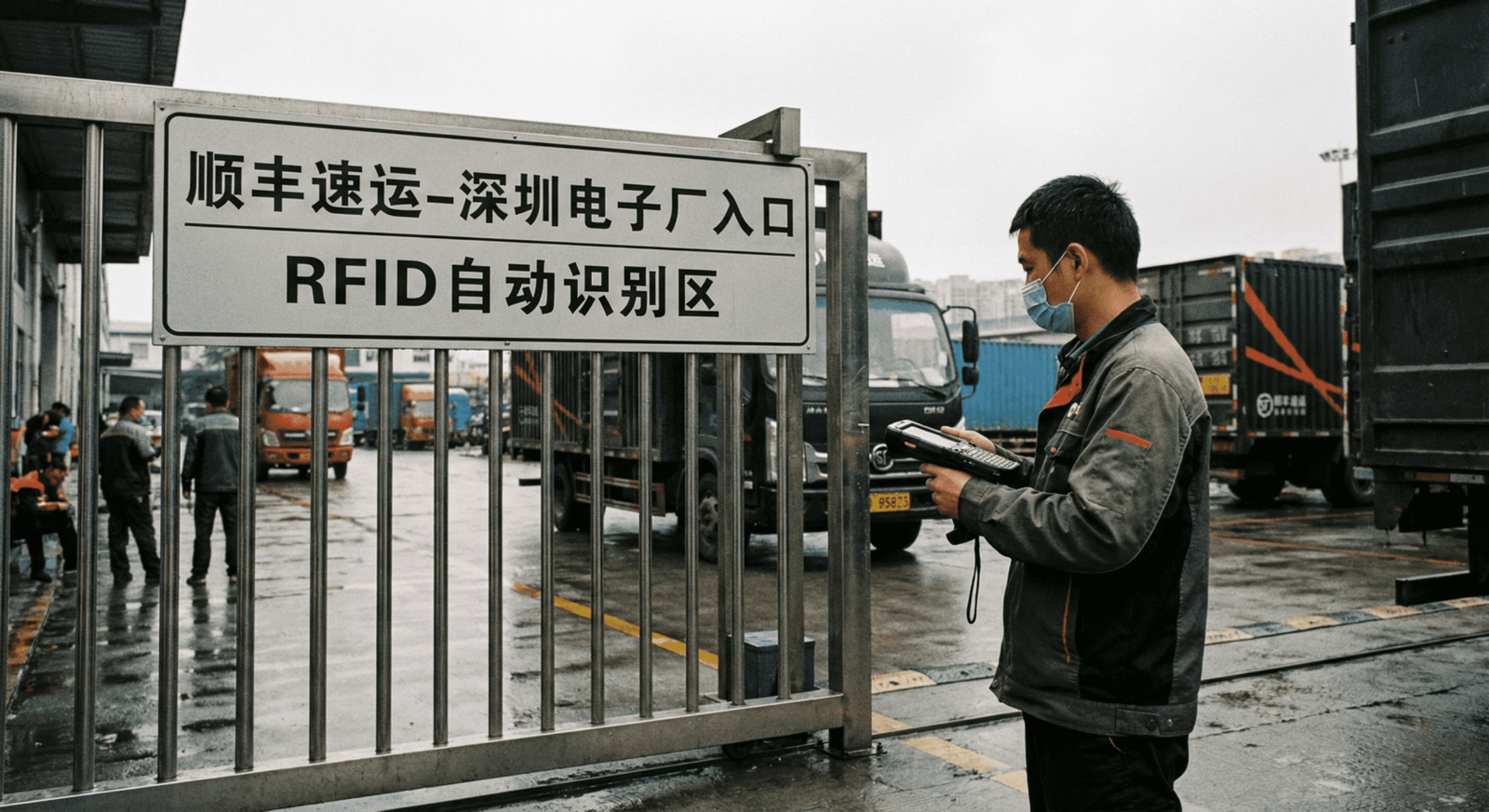 man with handheld rfid reader next to fixed portal gate