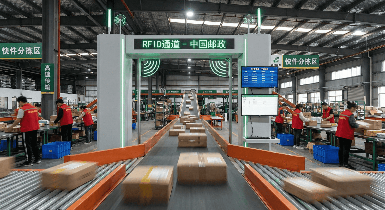 warehouse conveyor belt with packages moving fast through rfid portal