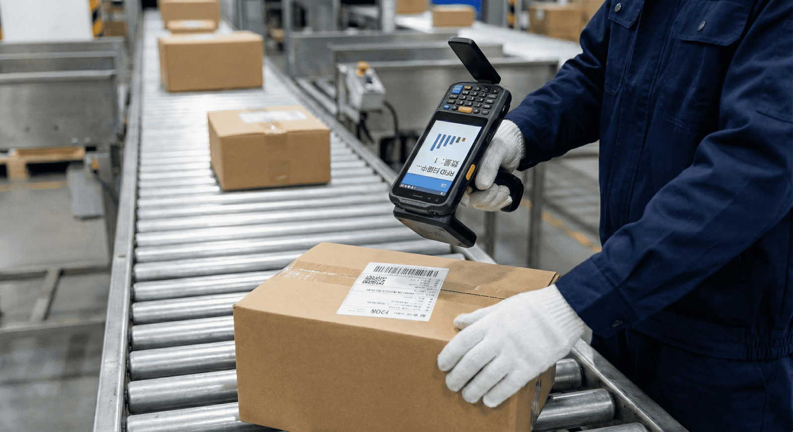 close up of rfid tags on boxes being scanned simultaneously