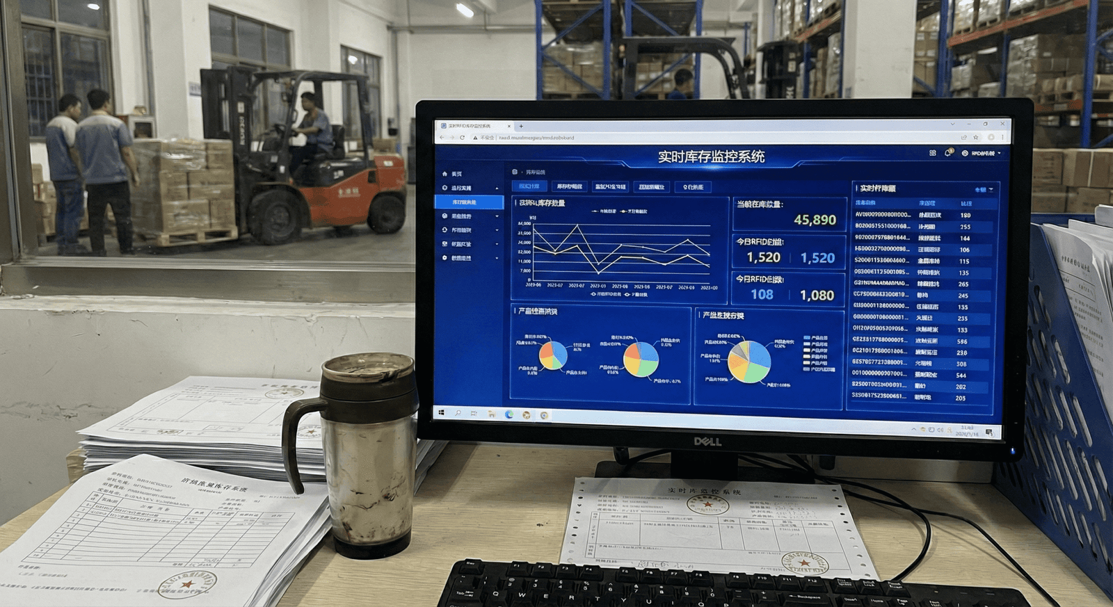 dashboard on monitor showing real time inventory data from rfid