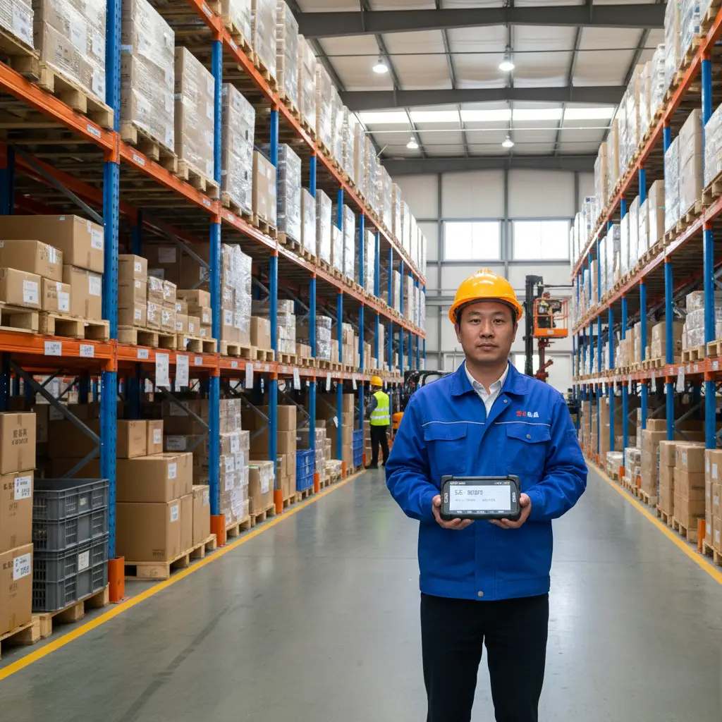 warehouse manager holding rfid device looking at shelves