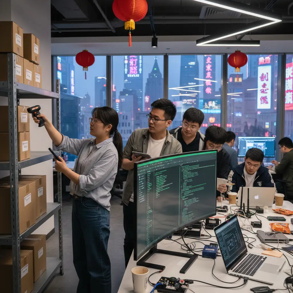 developer looking at code on screen with rfid hardware