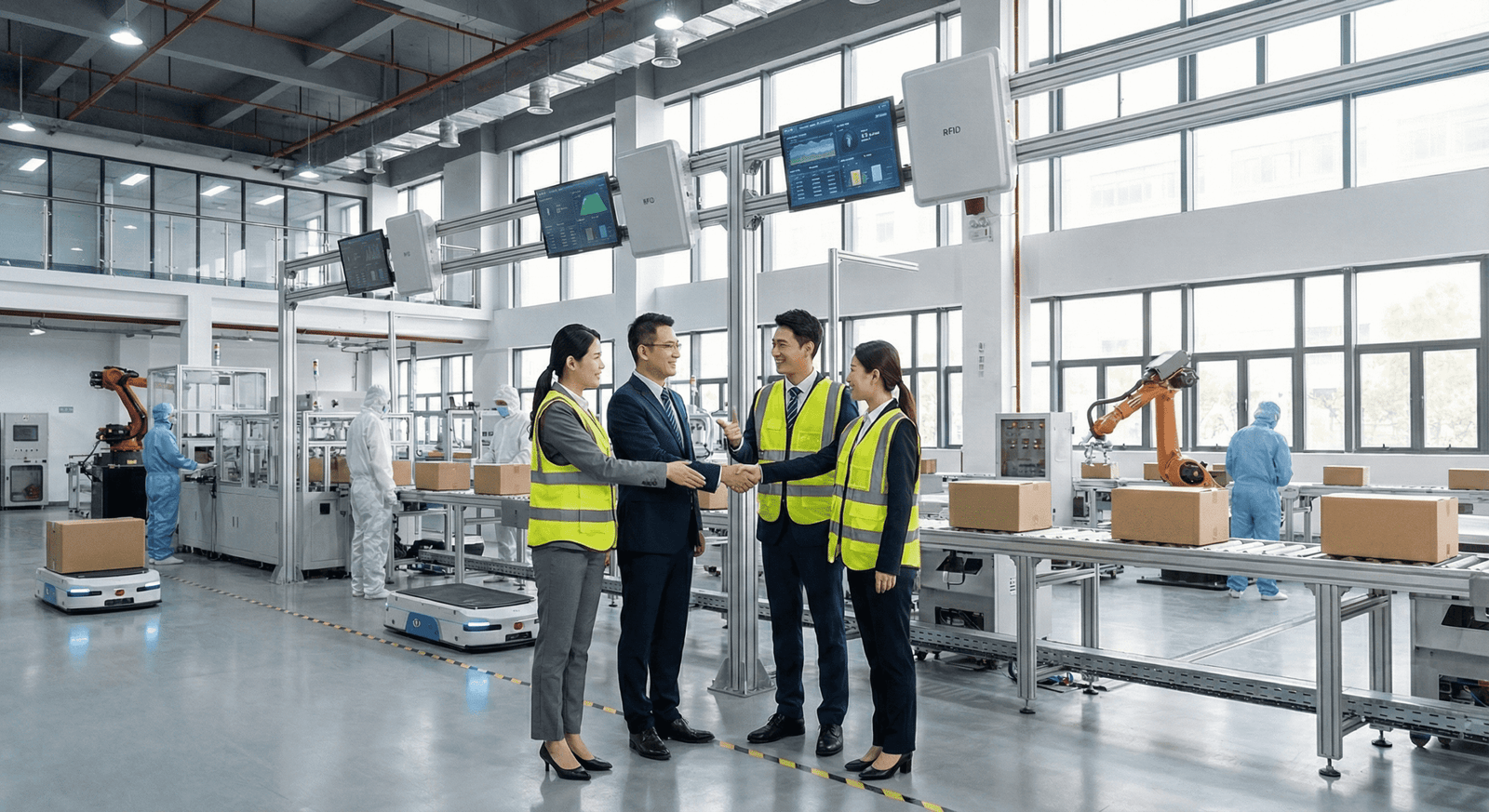 business partners shaking hands in a high tech factory with rfid readers in background