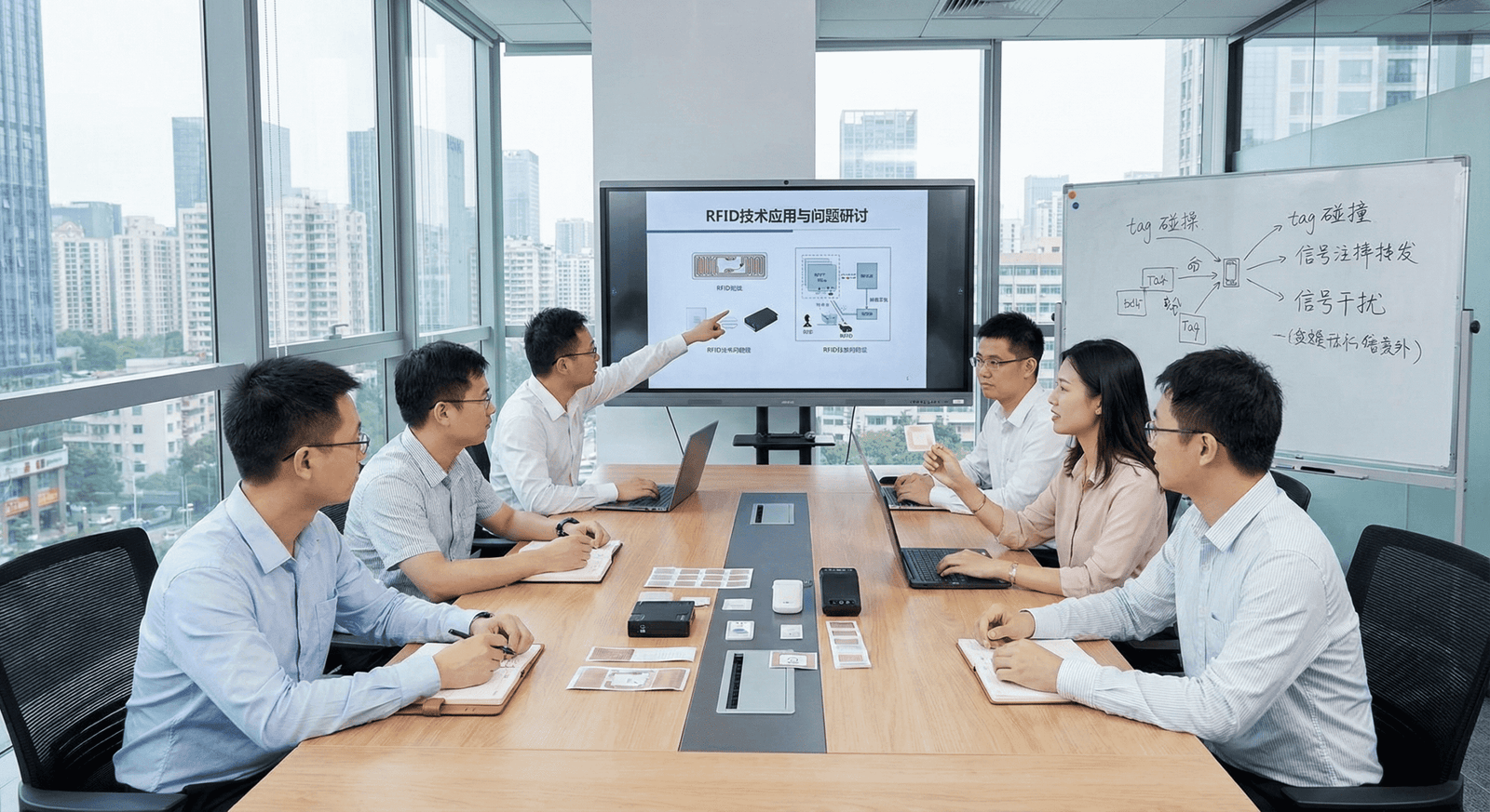 engineers collaborating over blueprint in a conference room