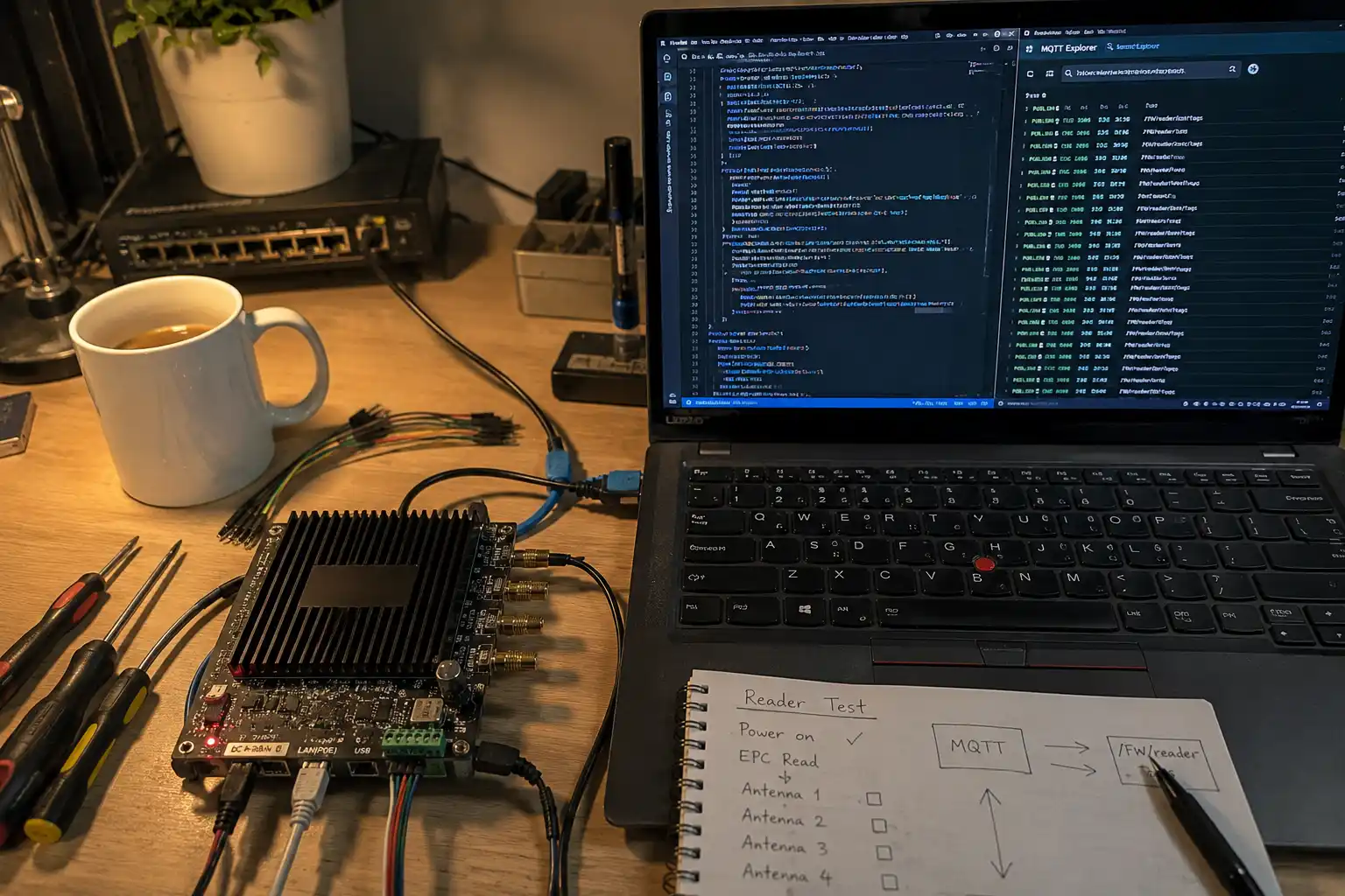 engineers discussing custom firmware on a laptop
