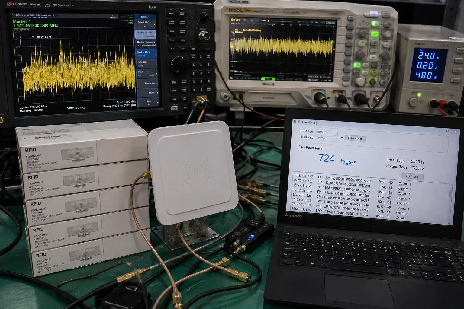 close up of rfid tags on boxes being scanned simultaneously